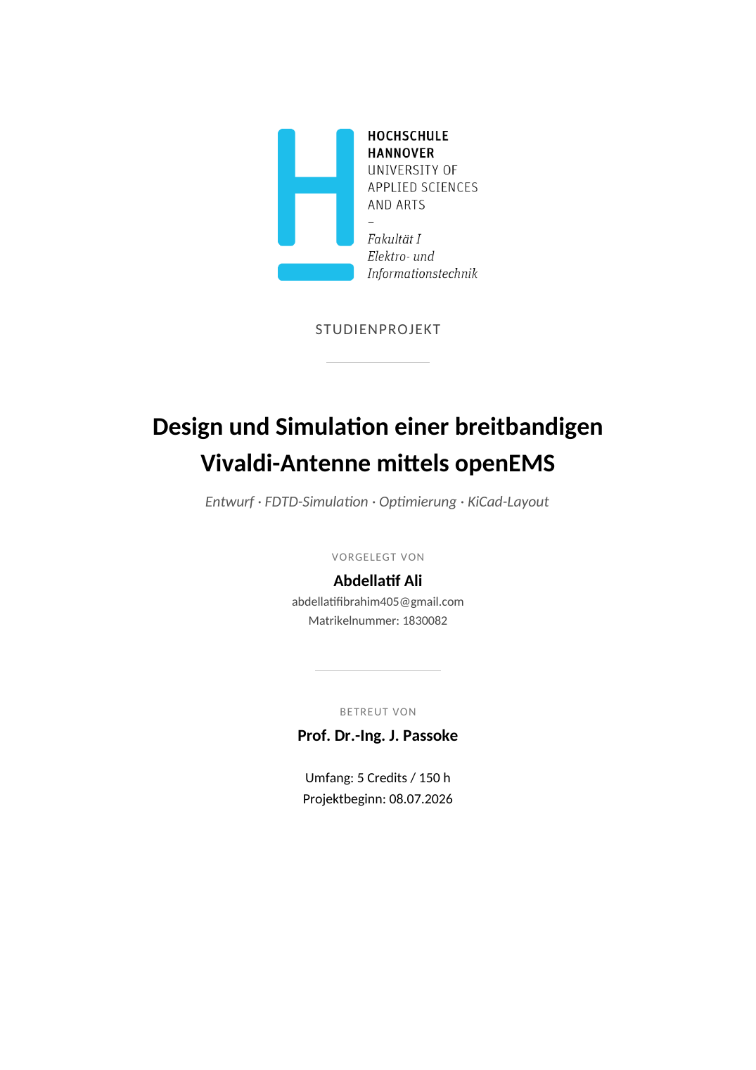 Titelseite des Studienprojektberichts: Design und Simulation einer breitbandigen Vivaldi-Antenne mittels openEMS