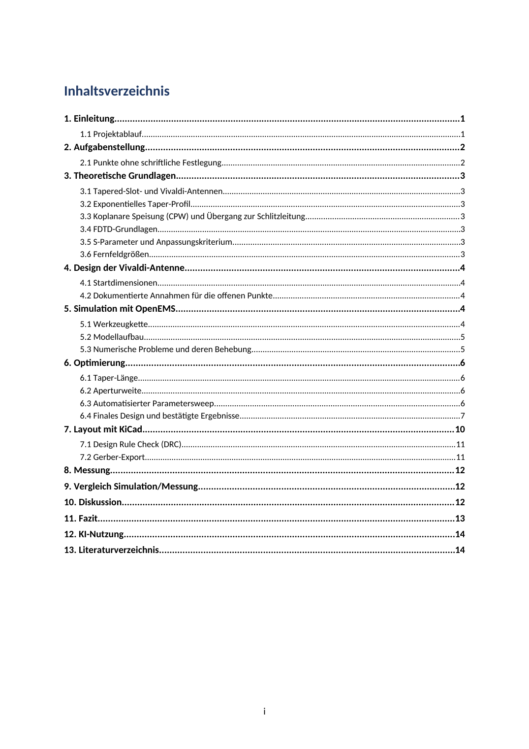 Inhaltsverzeichnis des Studienprojektberichts
